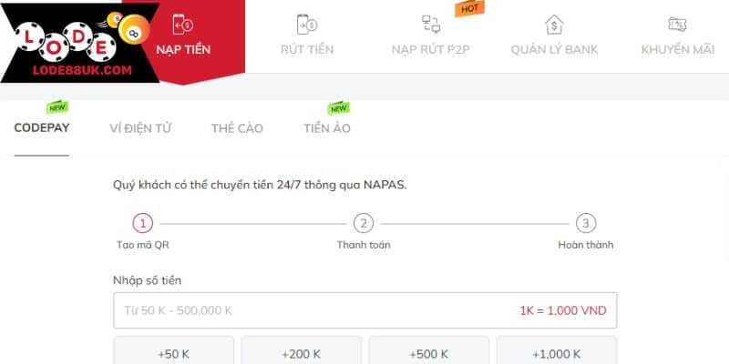 Giao dịch nạp tiền qua internet banking